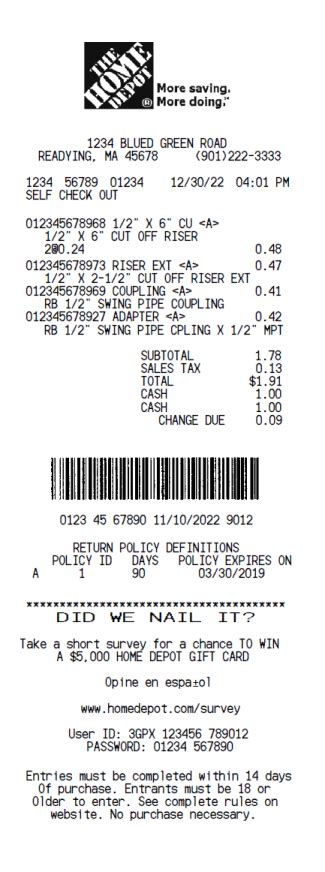 Editable home depot receipt template - Here become some instructions to edit & start using this printable home depot reception template: 1. Download the home depot receipt template 2. Add your business details (name, address and logo) 3. Generate unusual transaction number & barcode for identification 4. Fill-in all the empty select in the template 5. 